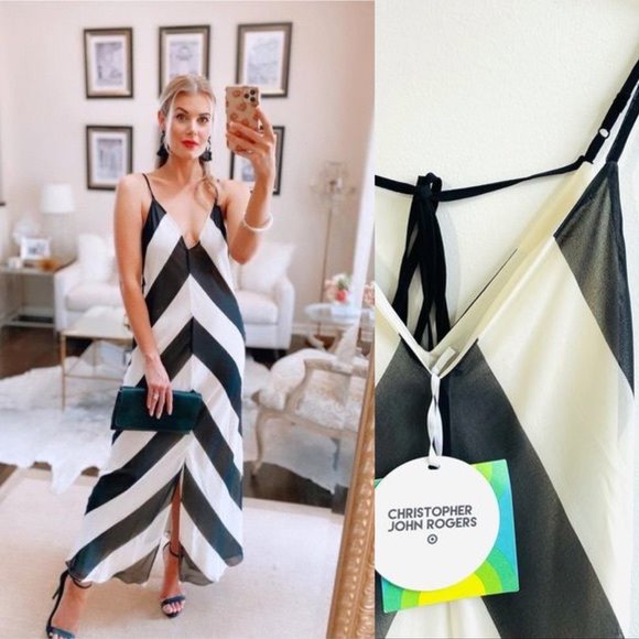 Christopher John Rogers Stripe Slip Dress Size 2 Black White Chevron Maxi Slit - Picture 1 of 12